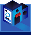 Isometric digital device with screen, button, and speaker on a blue background with shadow.