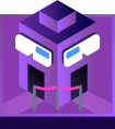 Stylized purple robot head with blue eyes, white eyebrows, and pink mouth on purple background.