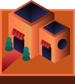 Isometric illustration of two connected buildings with doors and two small trees in front.