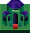 A stylized dark purple castle with a red entrance on a green field background.