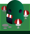 Dark green rounded structure holding red and white striped containers above scattered dots.