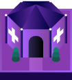 Purple church building with white crosses on walls and green bushes in front.