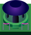 Dark purple domed tower on stilts with pink railings above a green building base.