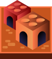 Two orange 3D toy blocks with four circular studs on a brick-patterned surface.