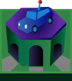 Small blue car with round headlights on a purple rooftop above a green building with arched entrances.