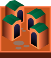 Orange isometric buildings with green rooftops and arched doorways on an orange ground.