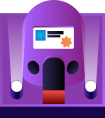 Purple building with a laptop, blue screen, and orange flower icon above a red doorway.