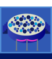 Blue circular platter holding scattered blue and white spheres on a blue background.