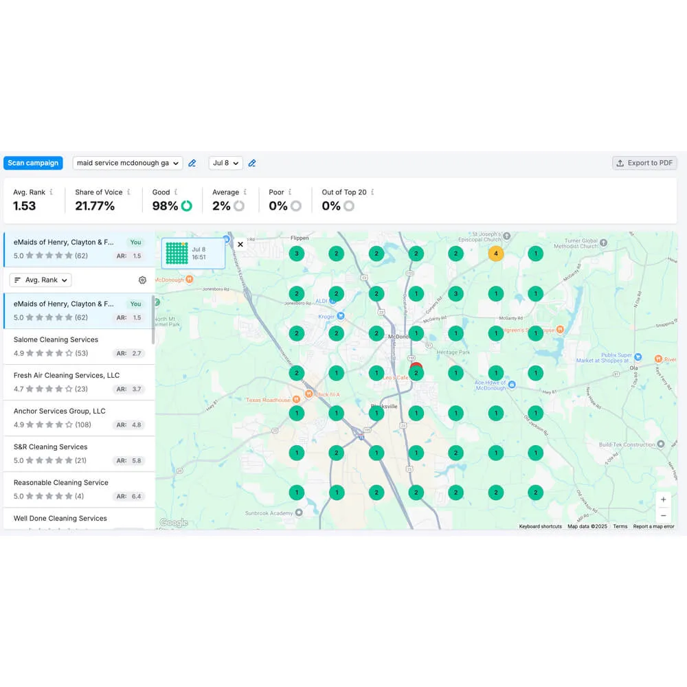 Local ranking heatmap for tattoo studio GBP optimization showing top search positions across Seguin, Texas