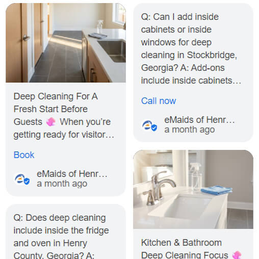 Published Google Business Profile posts for eMaids cleaning service with geo-targeted content