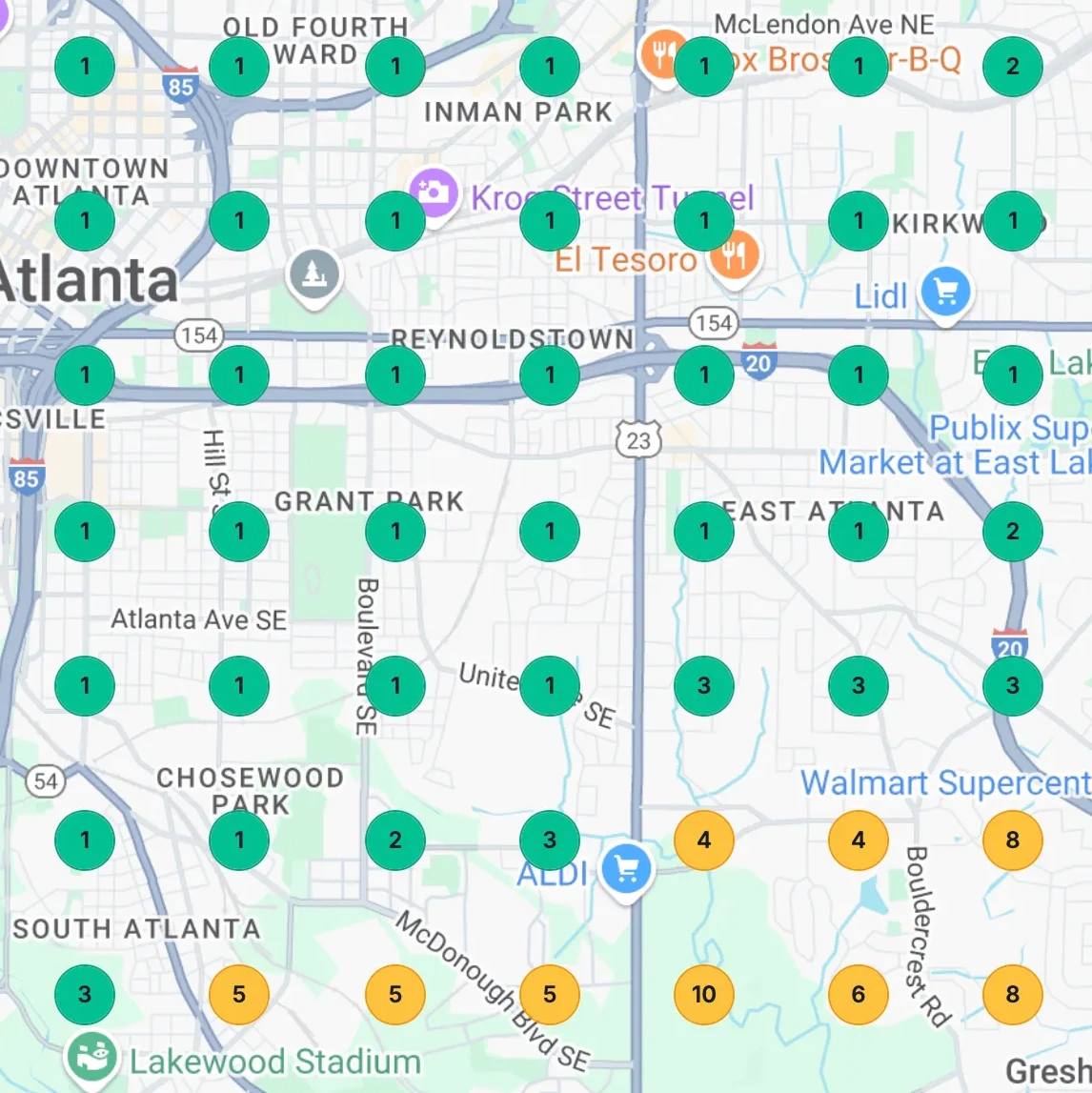Google Maps local search rankings heatmap showing #1 positions across multiple locations for a Clientomic client