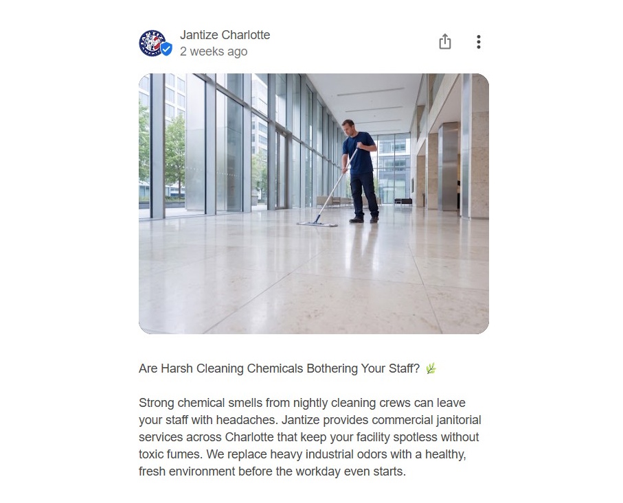 Example of an SEO-optimized Google Business Profile post created by Clientomic for a commercial green cleaning service