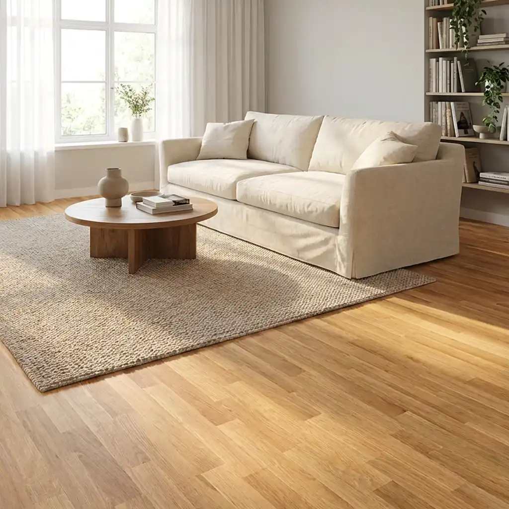 3 soros lakkozott tölgy szalagparketta modern nappaliban