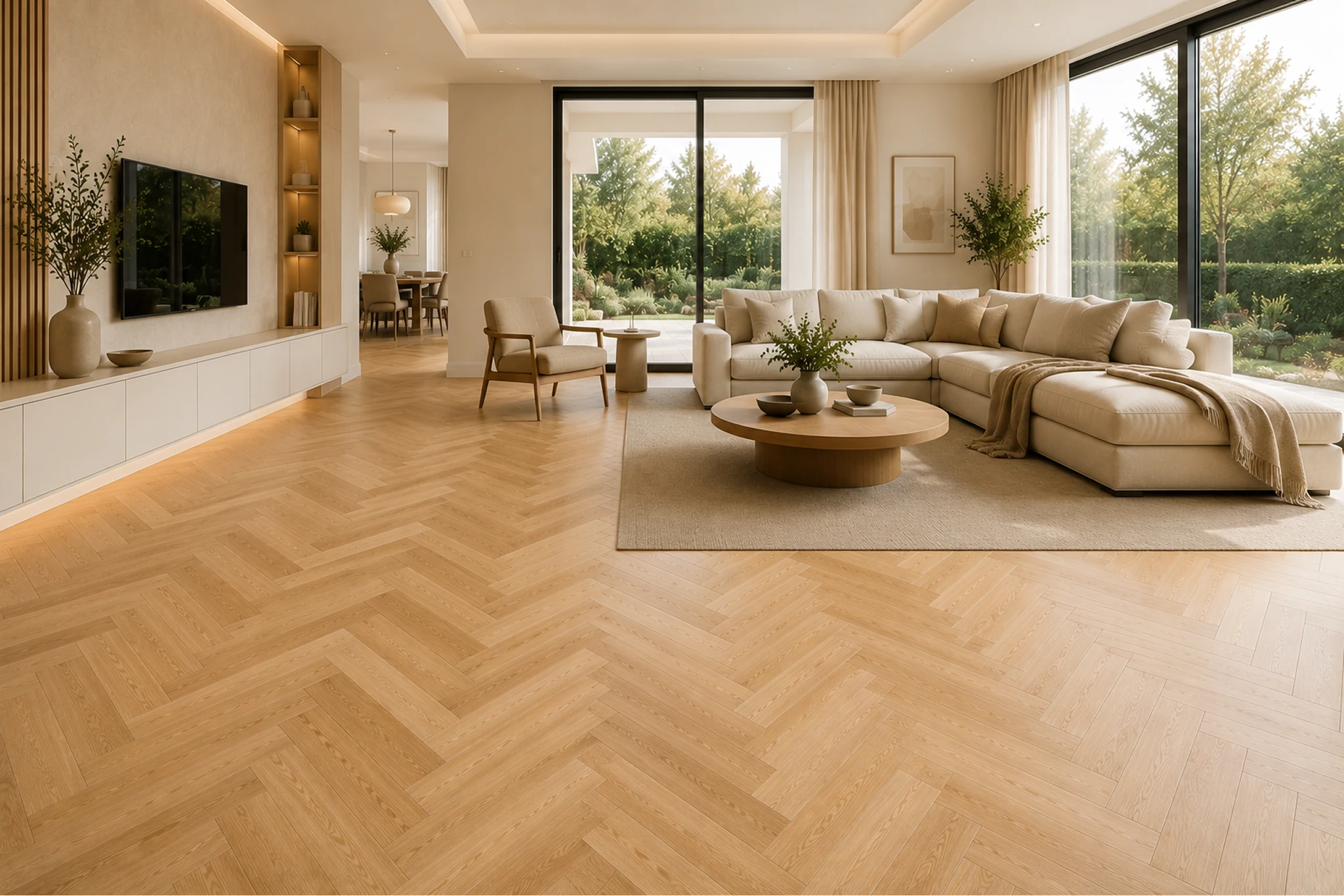 Világos tölgy halszálka parketta modern, elegáns nappaliban
