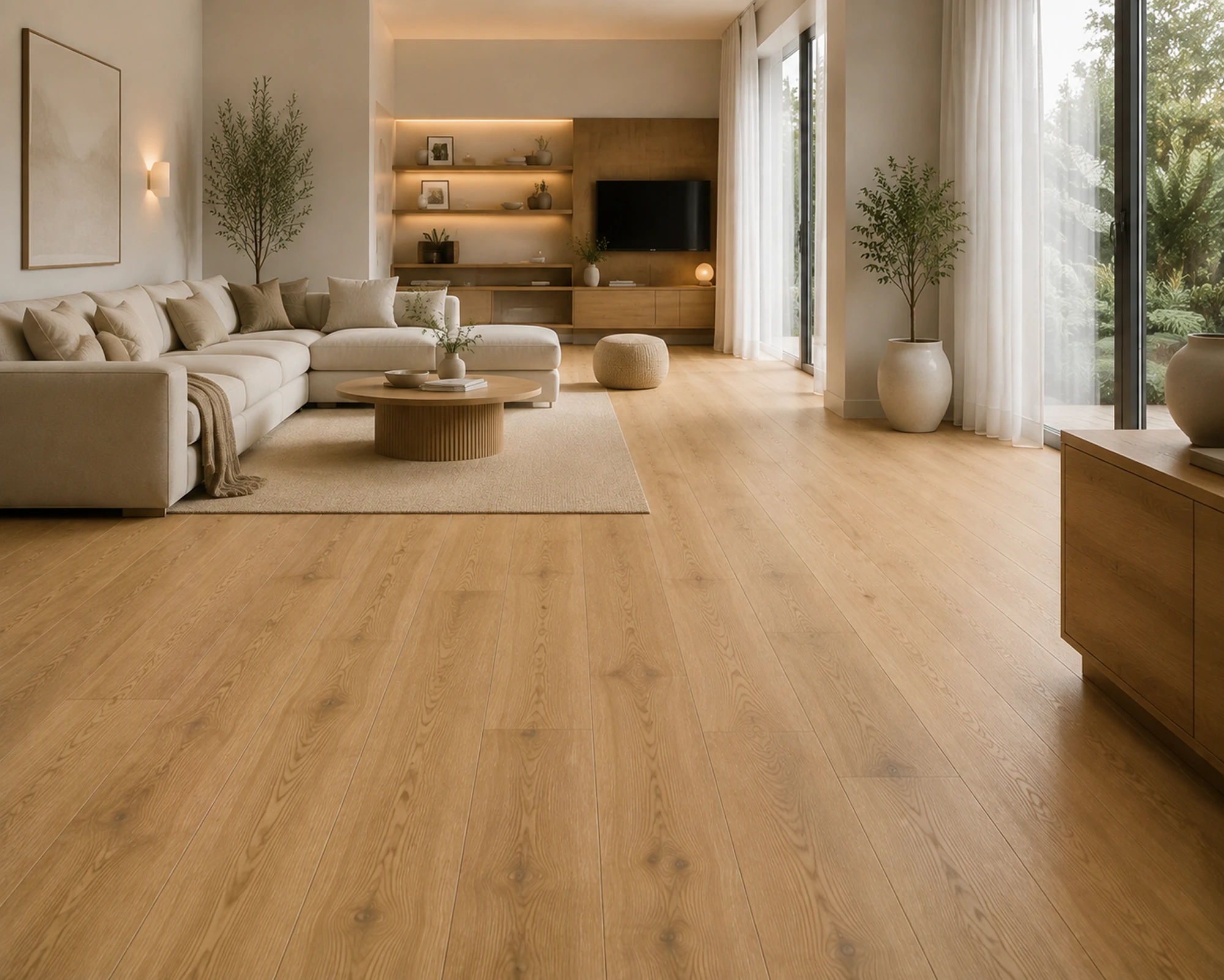 Természetes tölgy hatású laminált padló elegáns lakótérben