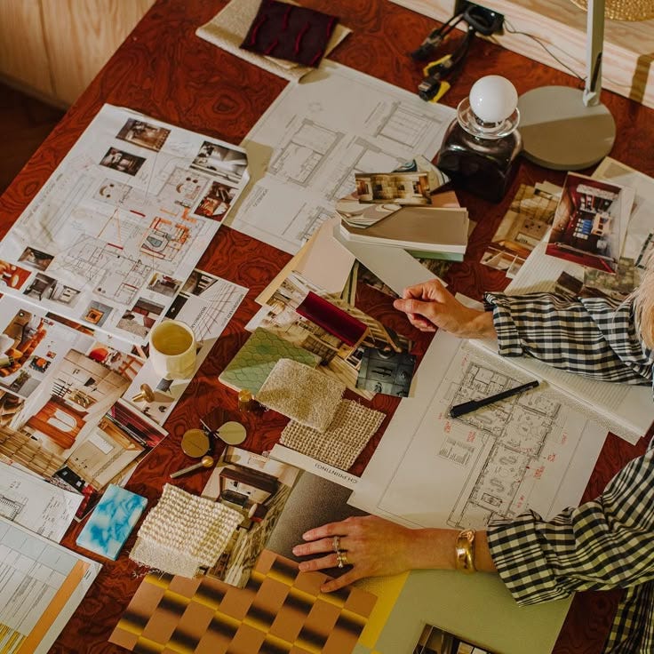 This may contain: a woman sitting at a table working on architectural drawings