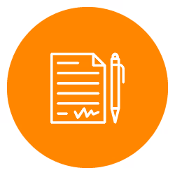Orange Icon with white outline of a piece of paper and a pen