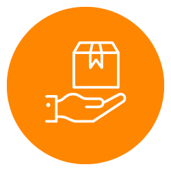 Orange icon with a white outline of a hand holding a package