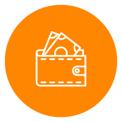Orange icon with white outline of a wallet and cash