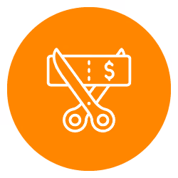 Orange icon with white outline of scissors cutting dollar bill