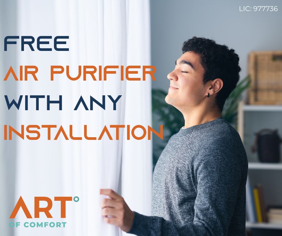 A person facing a window taking a deep breath of fresh air. Free air purifier with an installation offer
