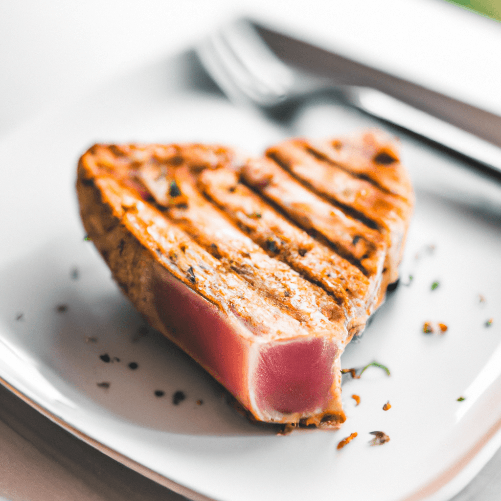 A beautifully cooked tuna steak resting on a bed of mixed greens