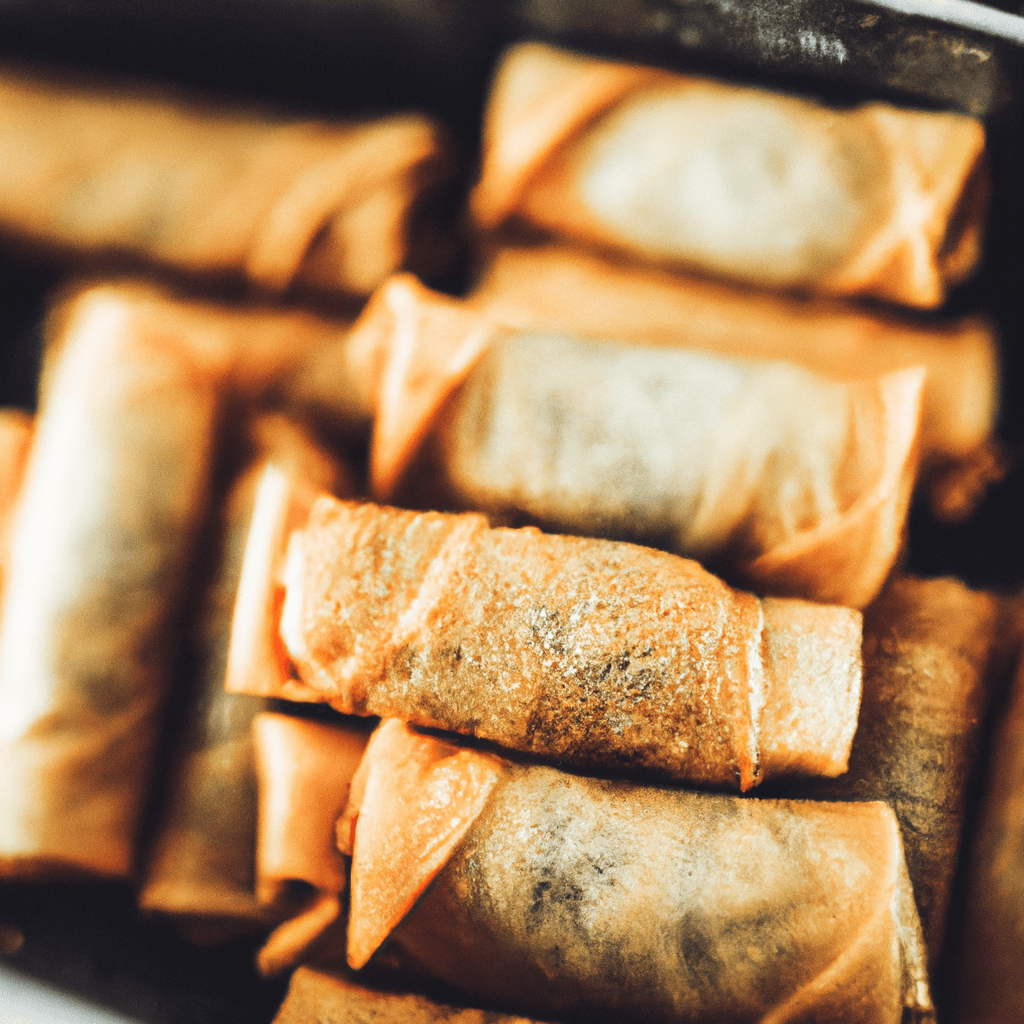 Crispy homemade spring rolls directly out of an air fryer basket.