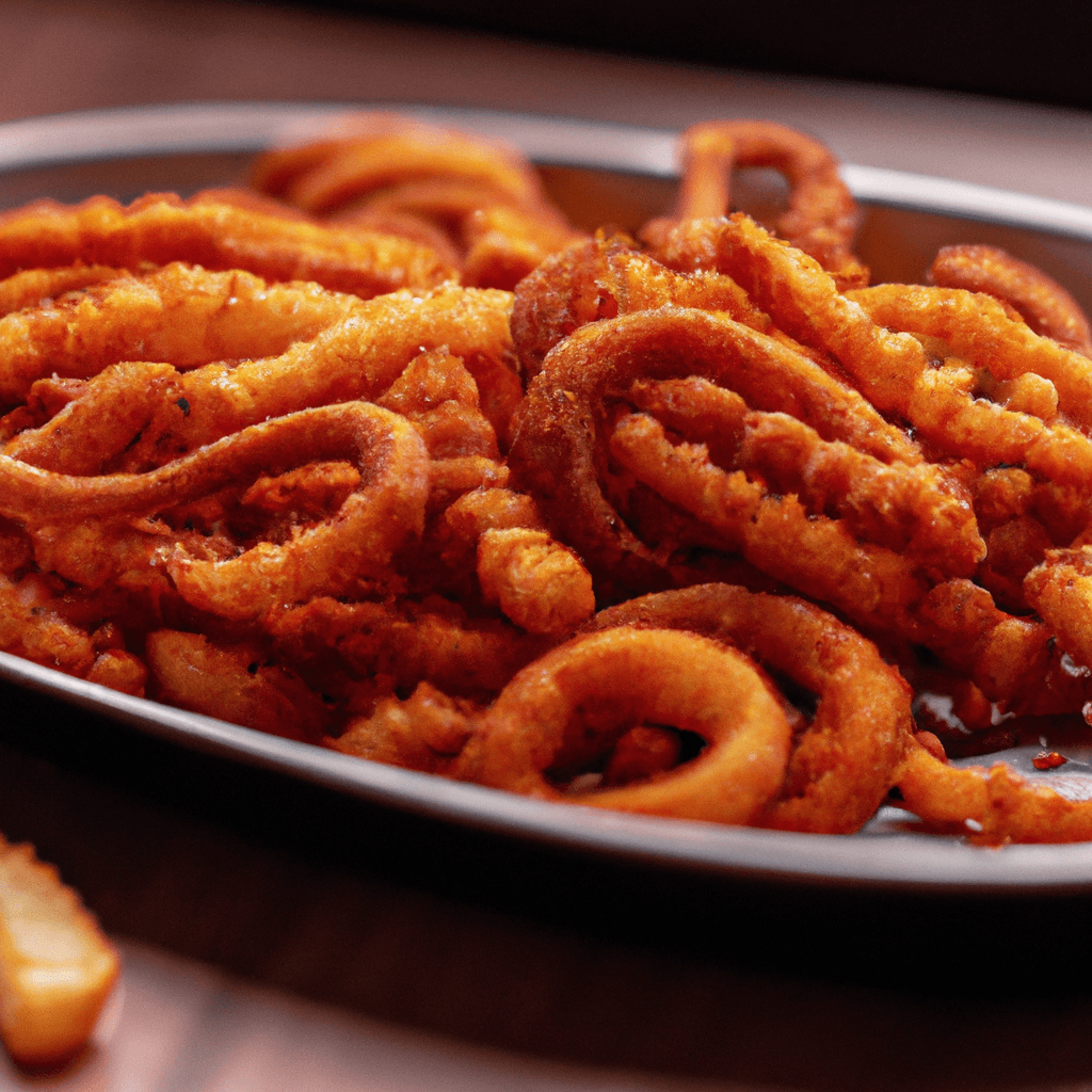 Golden crispy curly fries served on a white paper dish.