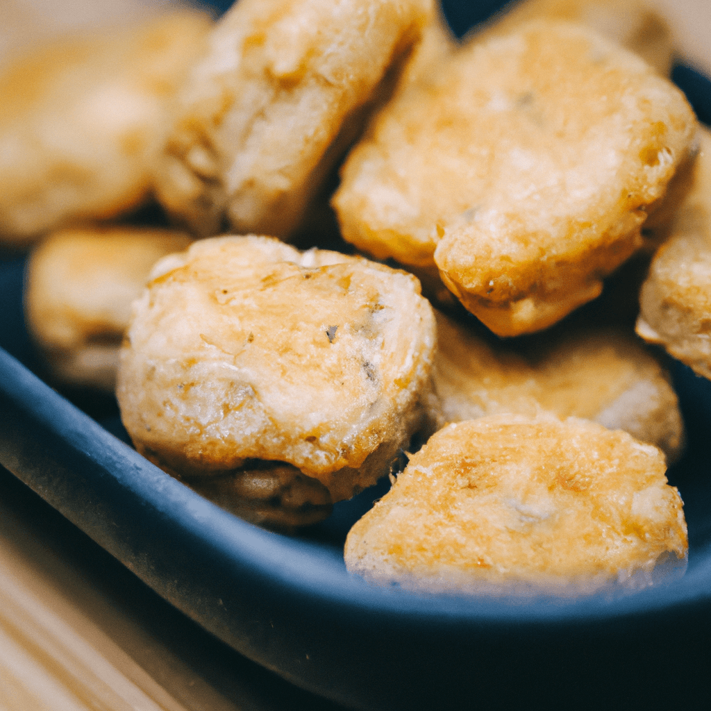 Golden brown crispy chicken nuggets on a serving plate