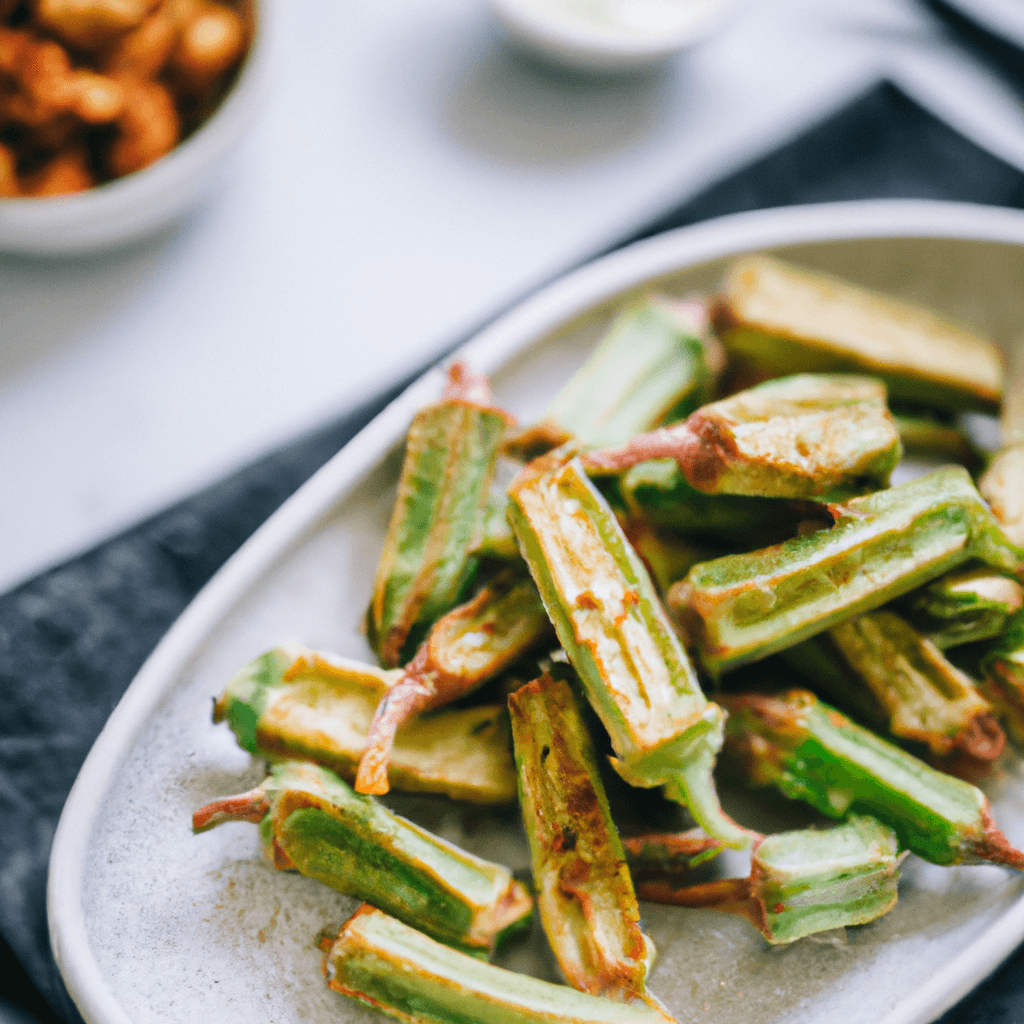 Close-up of a bowl of crispy air fryer okra fries