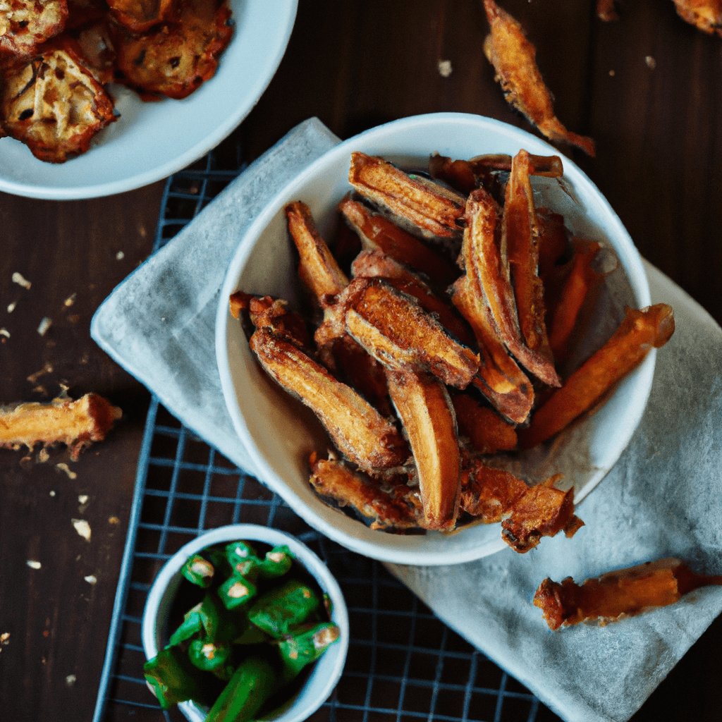 Golden okra fries cooked in an air fryer basket