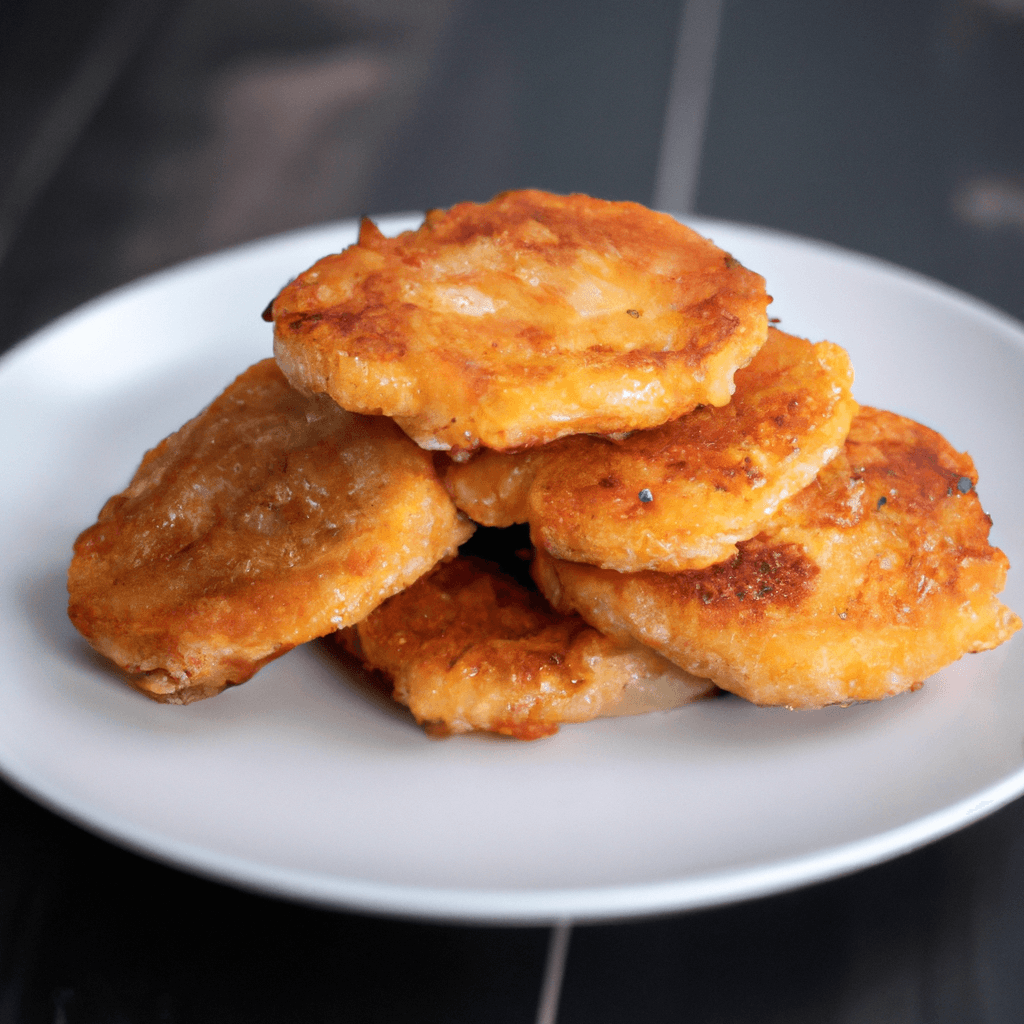 Golden brown air fryer potato cakes on a plate, ready to serve