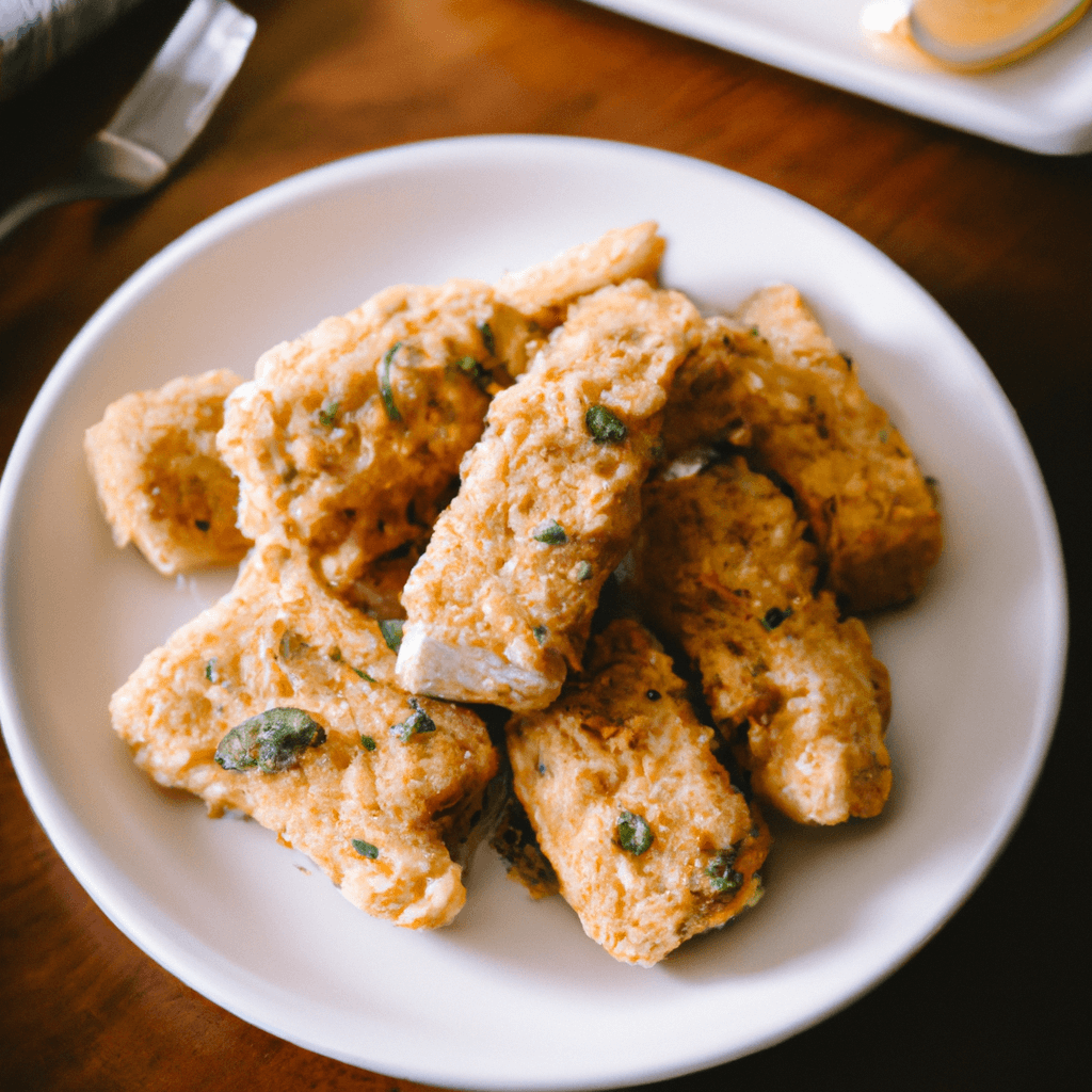 Air fryer basket with golden fish fillets halfway flipped