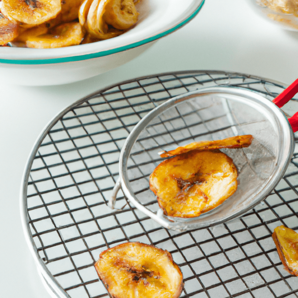 Sliced bananas evenly spread in an air fryer basket before cooking.