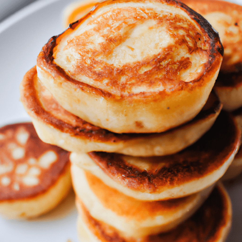 Golden air fryer pancakes served with syrup on a blue plate