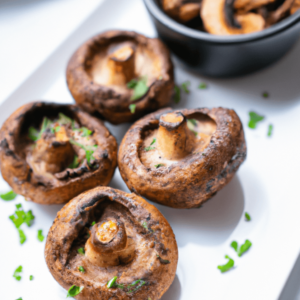 Close-up of marinated portobello mushrooms ready to be cooked.