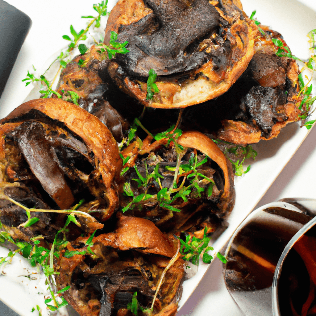 An air fryer basket filled with golden-brown portobello mushrooms.