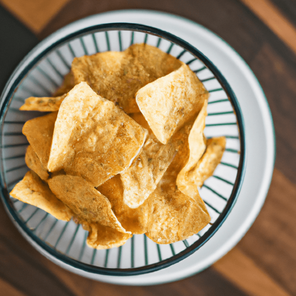 Close-up of air fryer basket filled with cooked tortilla wedges.
