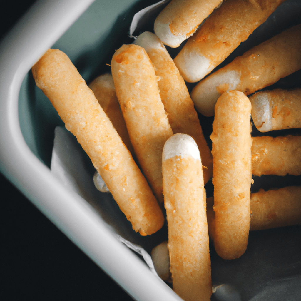 Air fryer basket with mozzarella sticks turned halfway through cooking.