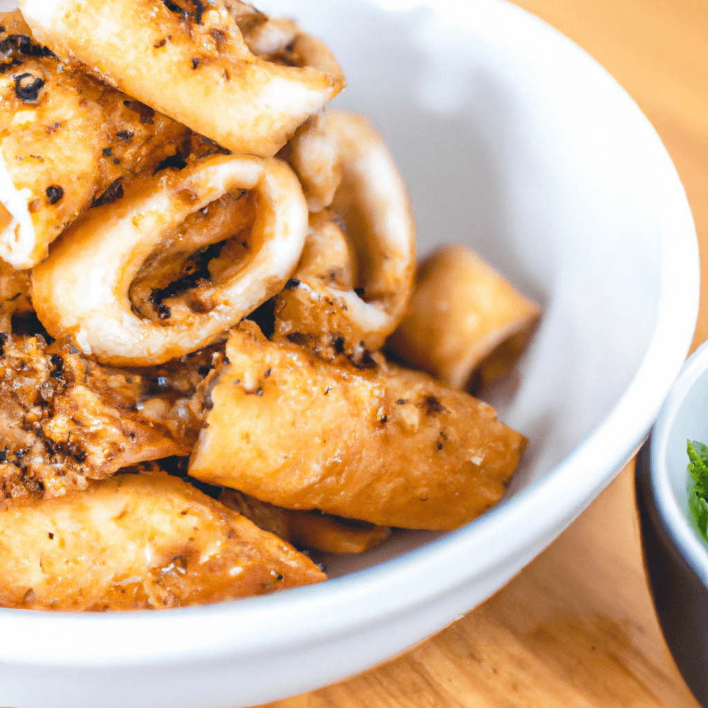 Golden, crispy calamari rings on a white plate.