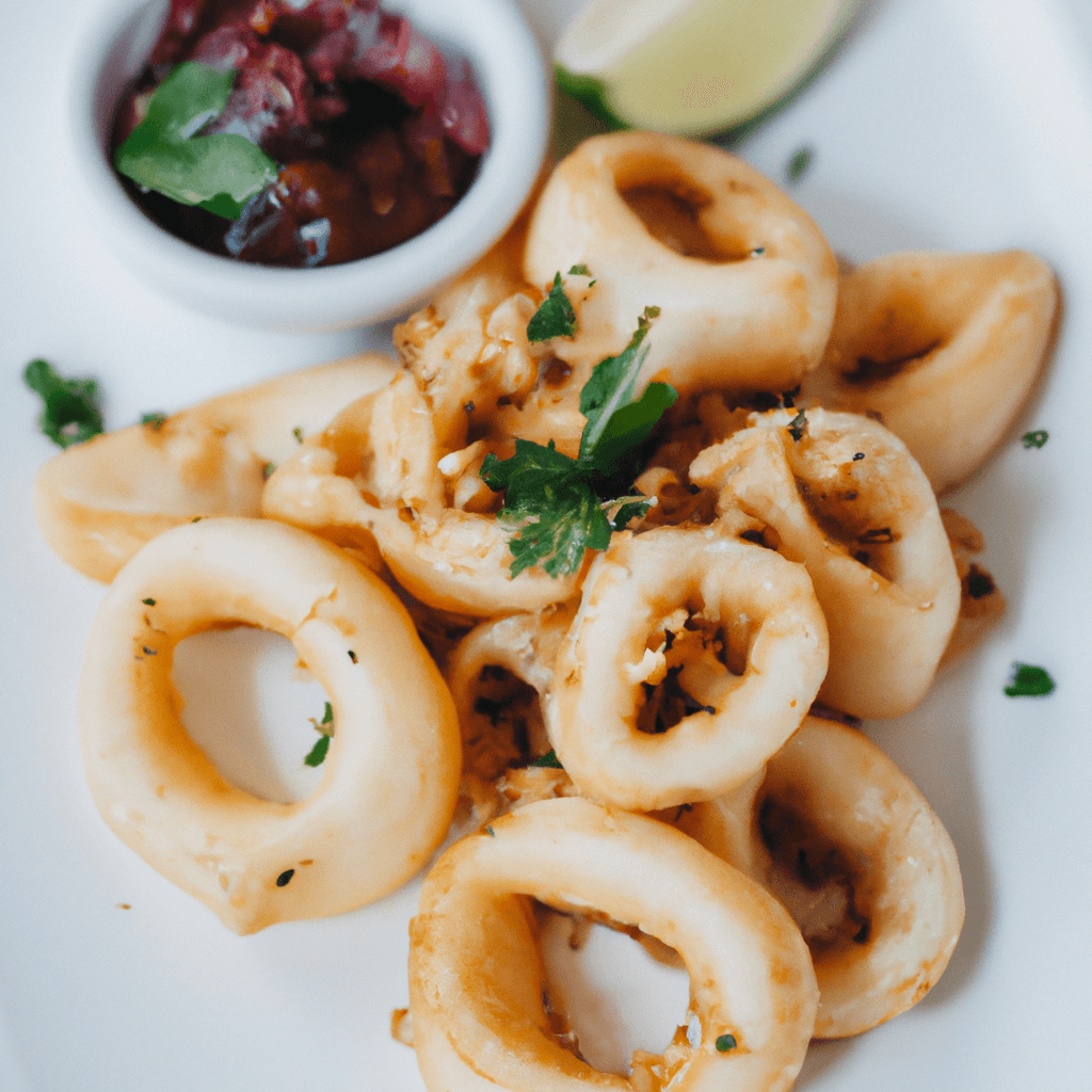 Air fryer basket with perfectly cooked calamari rings.