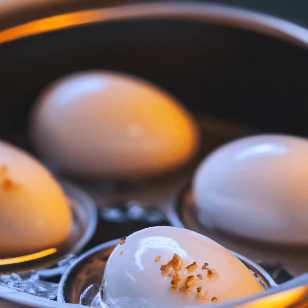 A plate of perfectly hard boiled eggs cooked in an air fryer, with cracked shells revealing golden yolks
