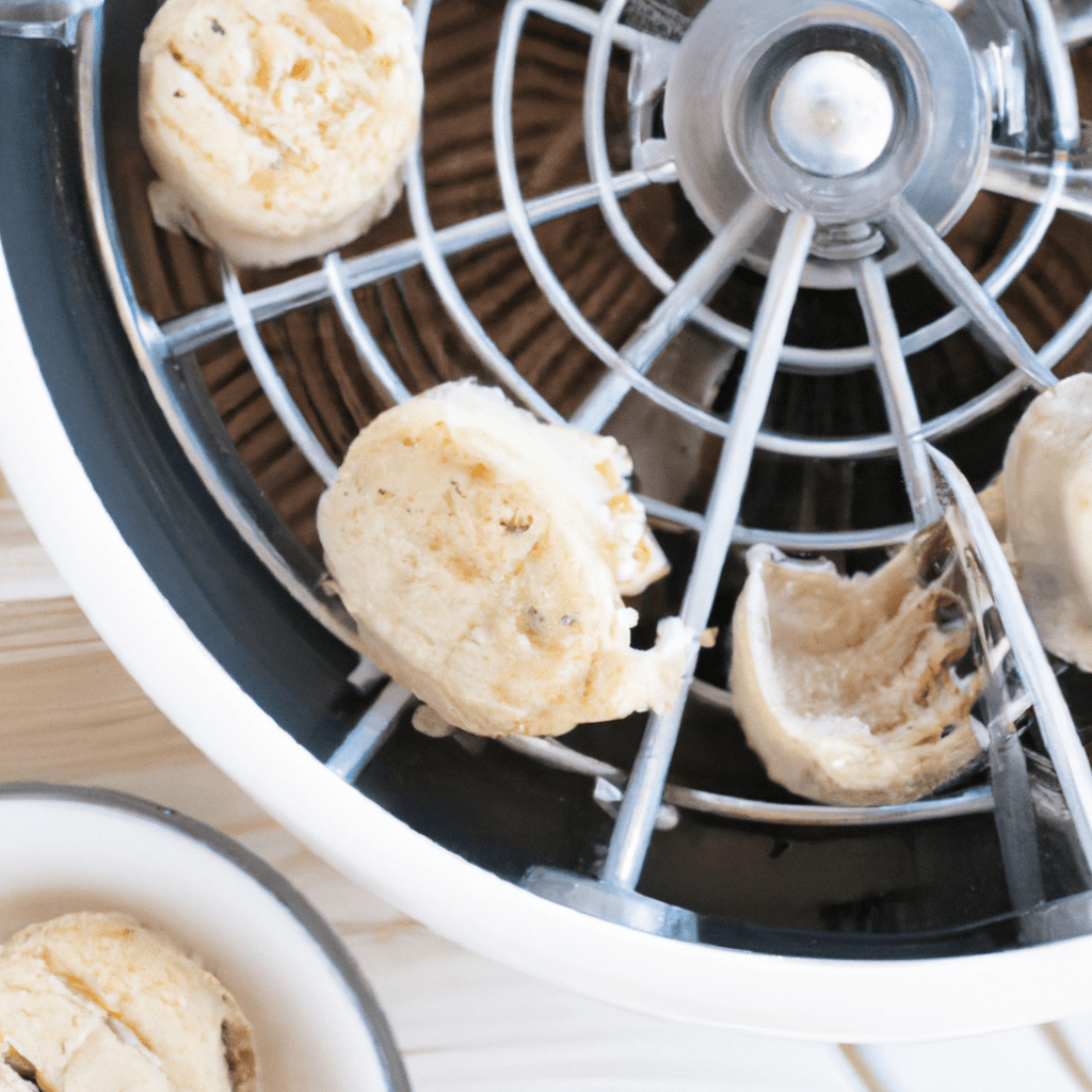 Close-up of cookie dough balls in an air fryer basket lined with parchment paper.