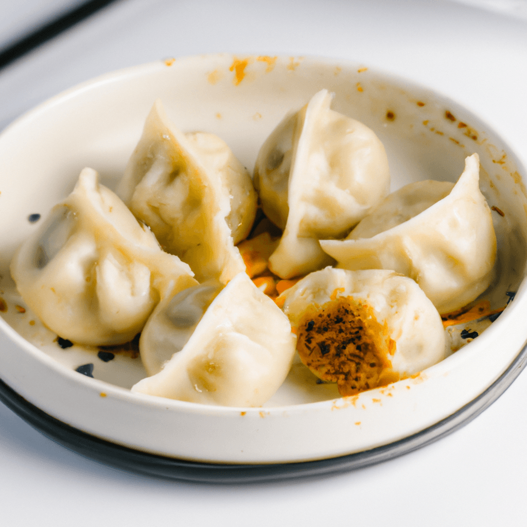 Basket filled with golden cooked dumplings after air frying