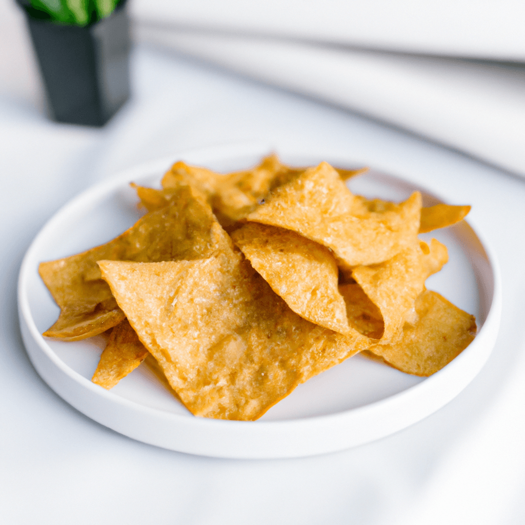 Air fryer basket filled with crispy air-fried tortilla chips.