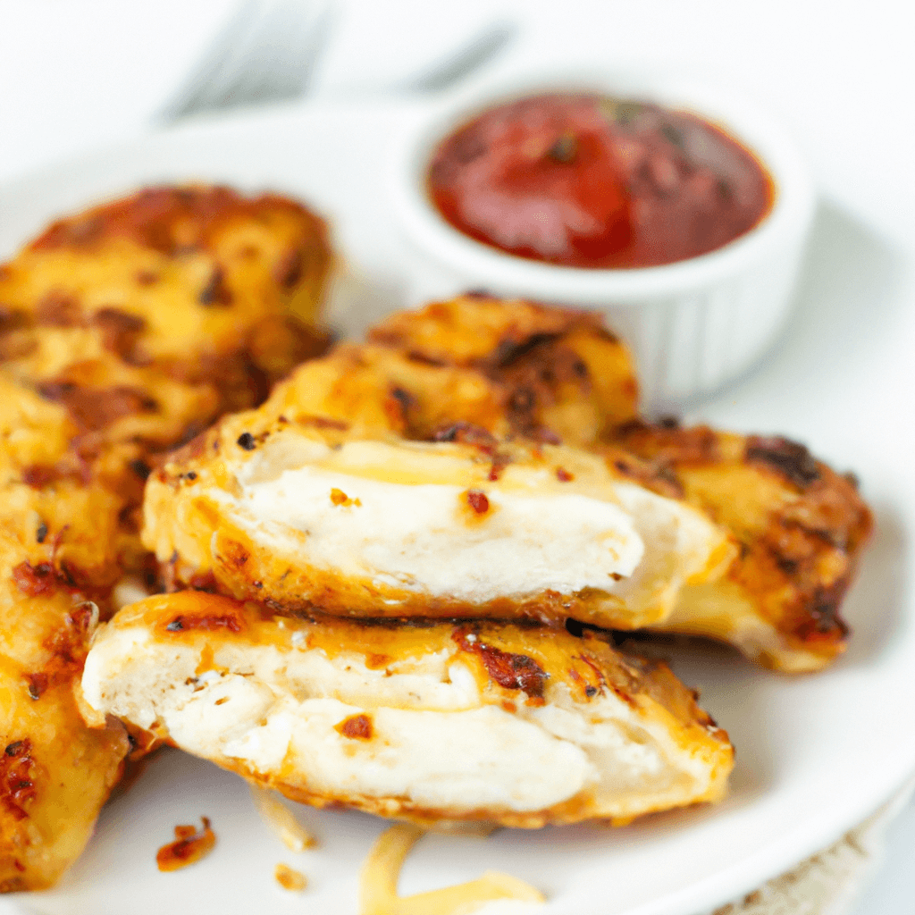 Air fryer basket with freshly cooked chicken parmesan topped with melted cheese and herbs.