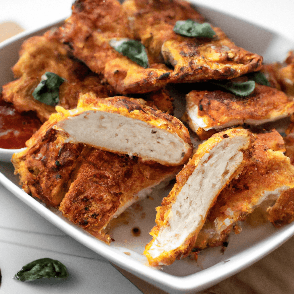 Golden, crispy air fryer chicken parmesan served with fresh mozzarella and marinara sauce.