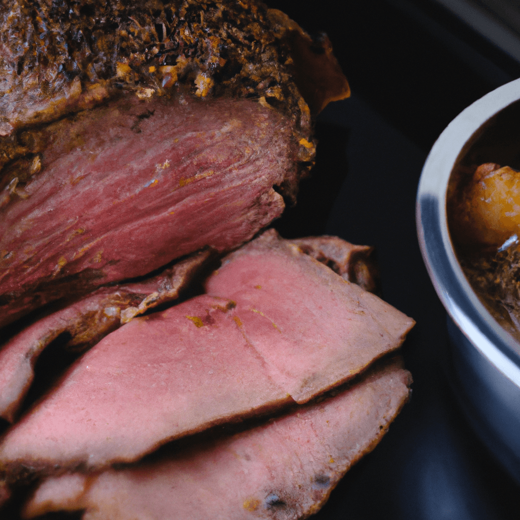 A perfectly cooked air fryer roast beef resting on a cutting board with fresh herbs.
