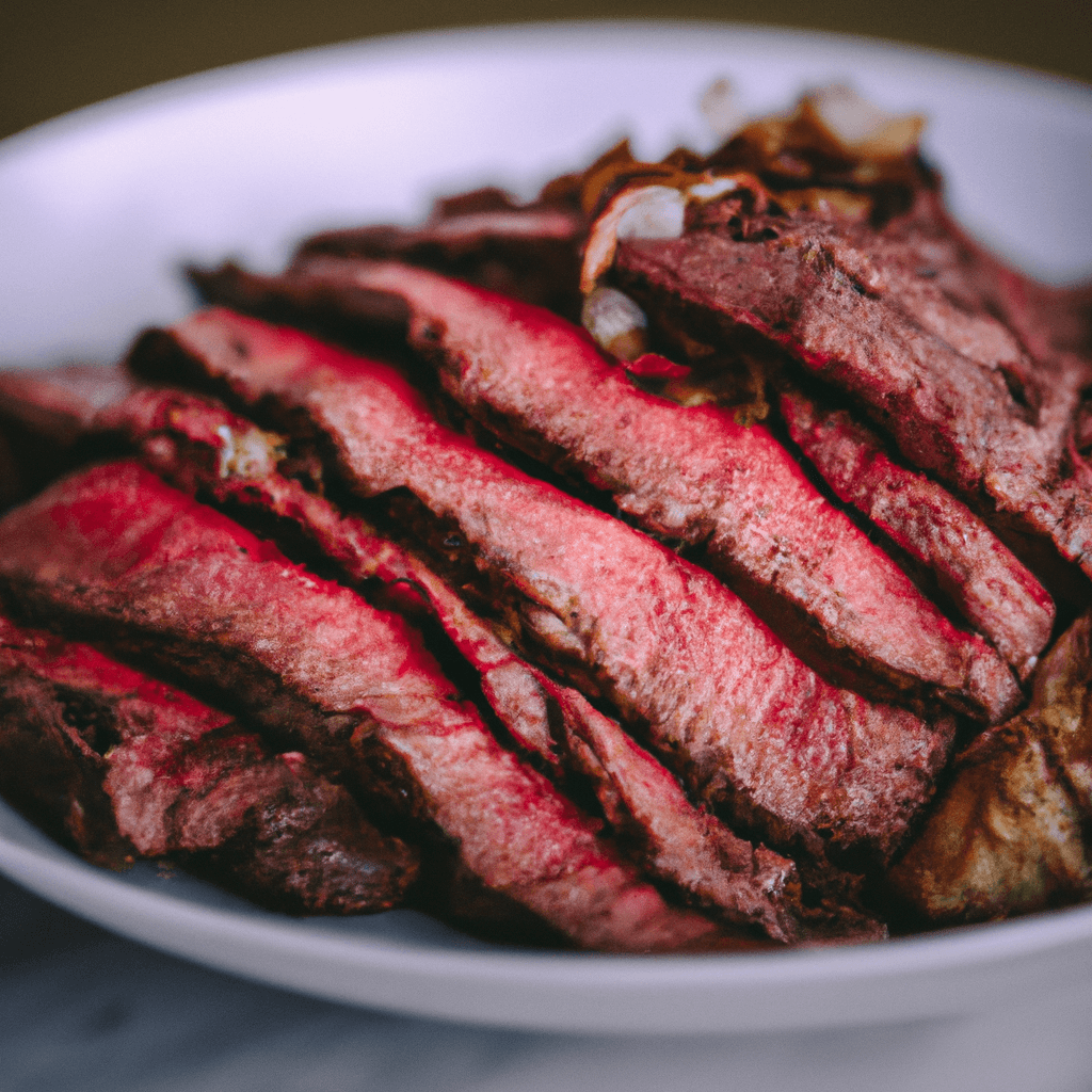 A juicy topside beef in air fryer served on a wooden board.