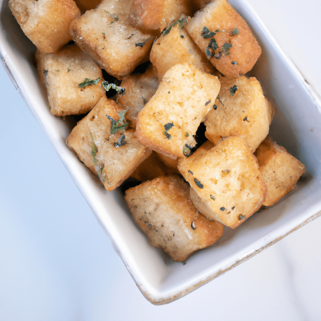 Sourdough bread cubes tossed with olive oil and garlic in the air fryer.